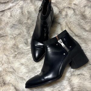 Sixtyseven Black Leather Ankle Booties with Silver Zipper
